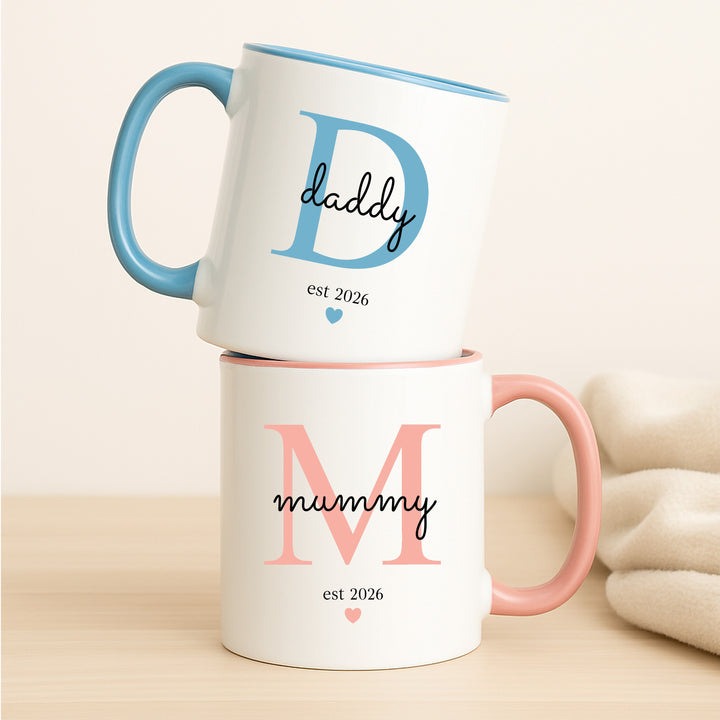 Personalised Promoted To Mummy &amp; Daddy Est Pink &amp; Blue Mug Set