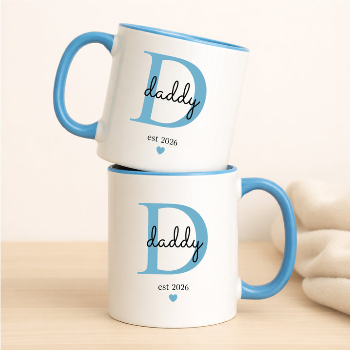 Personalised Promoted To Mummy &amp; Daddy Est Pink &amp; Blue Mug Set