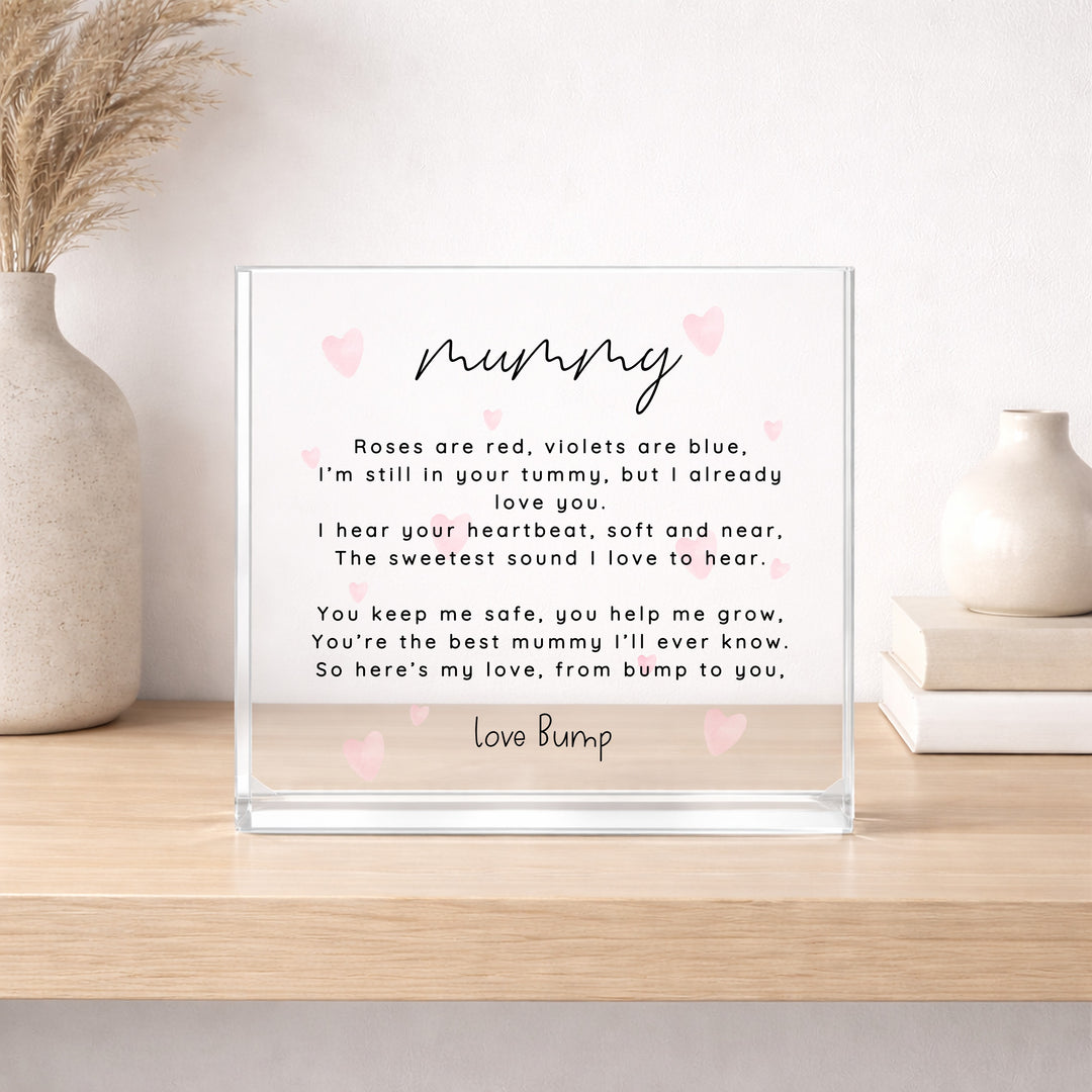 Our First Mother's Pink Heart Poem Day Love Bump Acrylic Block