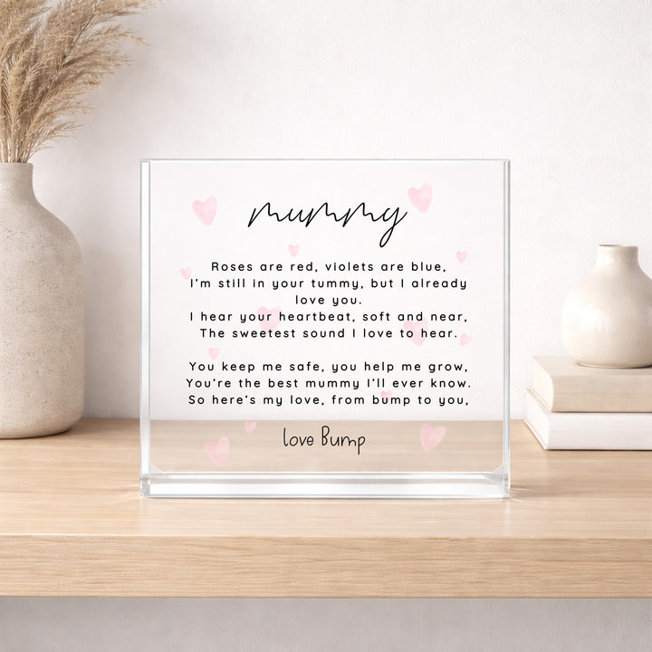 Our First Mother's Pink Heart Poem Day Love Bump Acrylic Block