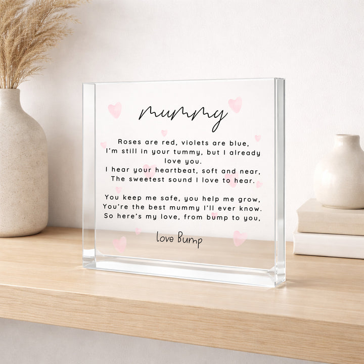 Our First Mother's Pink Heart Poem Day Love Bump Acrylic Block