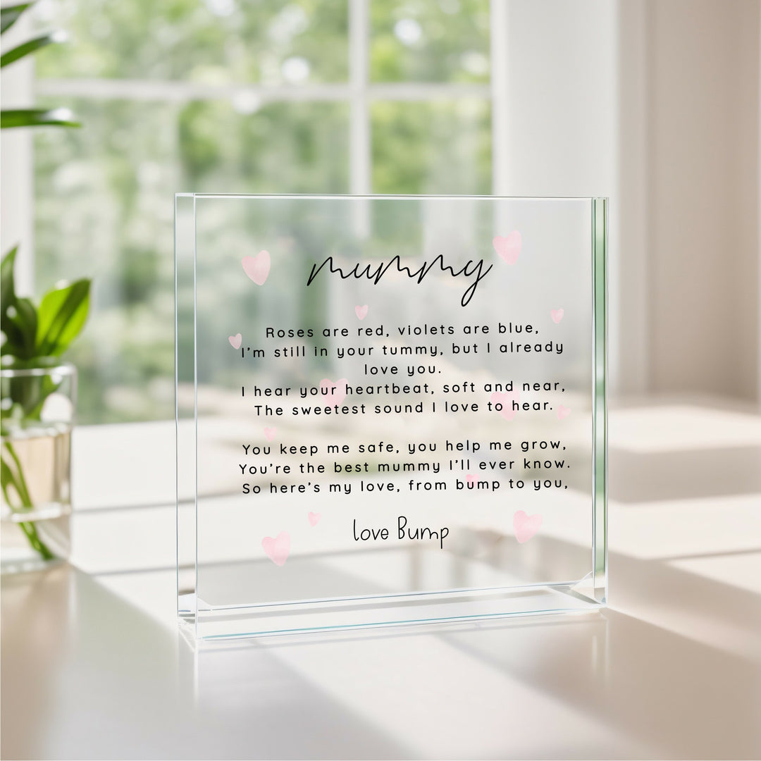 Our First Mother's Pink Heart Poem Day Love Bump Acrylic Block