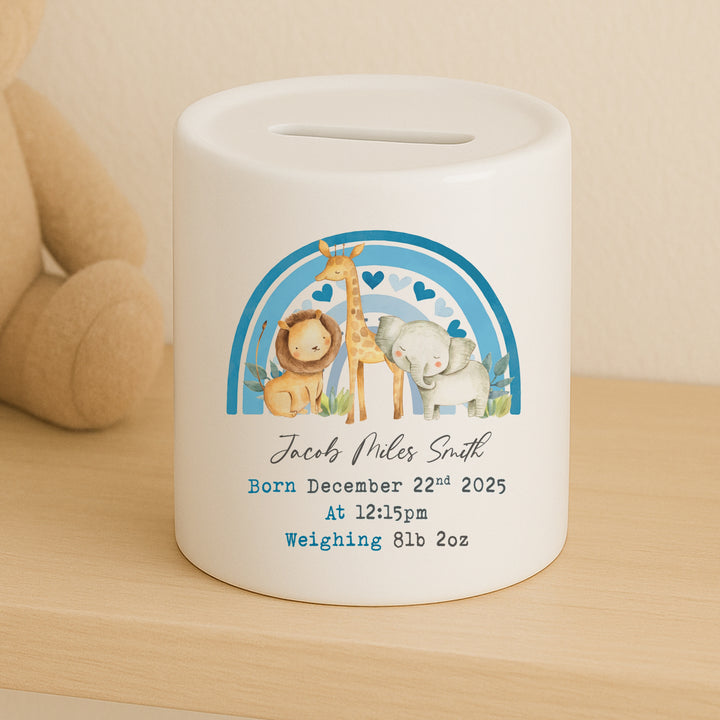 Personalised Blue Rainbow Safari Ceramic Money Box