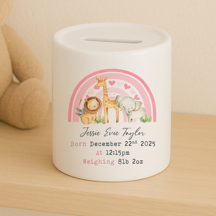 Personalised Pink Rainbow Safari Ceramic Money Box