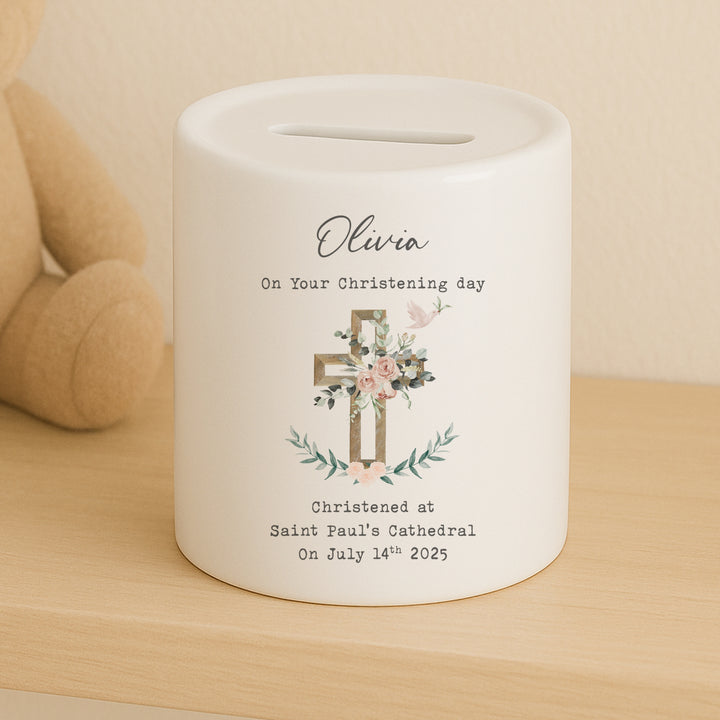 Personalised Pink Christening Day Ceramic Money Box