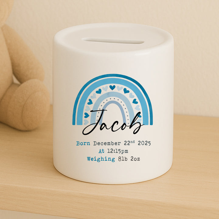 Personalised Blue Rainbow Ceramic Money Box