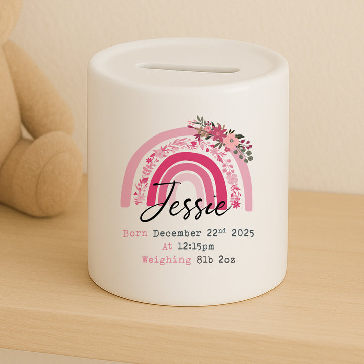 Personalised Pink Floral Rainbow Ceramic Money Box
