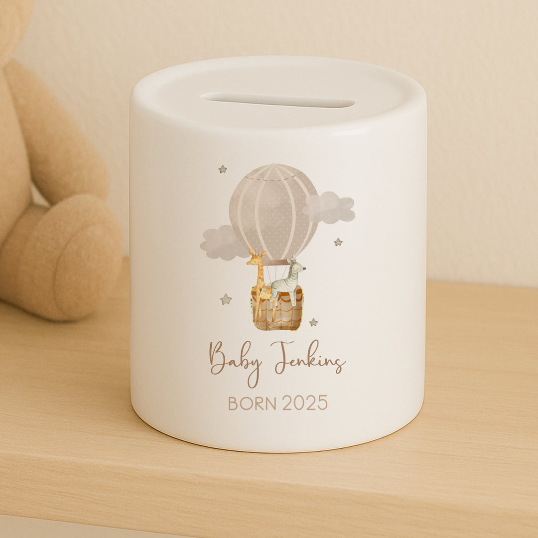 Personalised Beige Hot Air Balloon Ceramic Money Box
