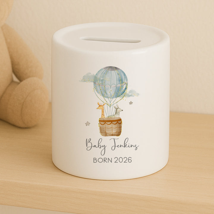 Personalised Blue Hot Air Balloon Ceramic Money Box