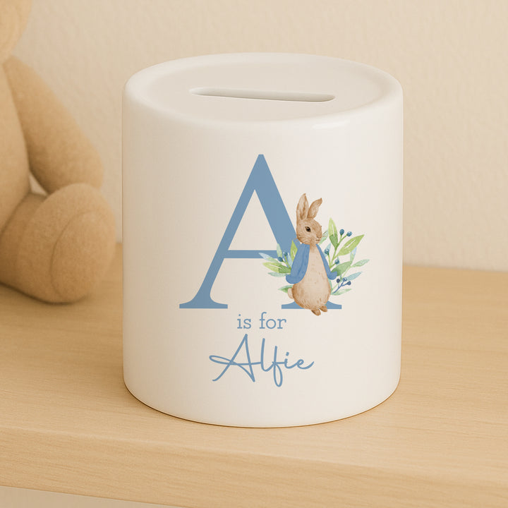 Personalised Blue Rabbit Ceramic Money Box