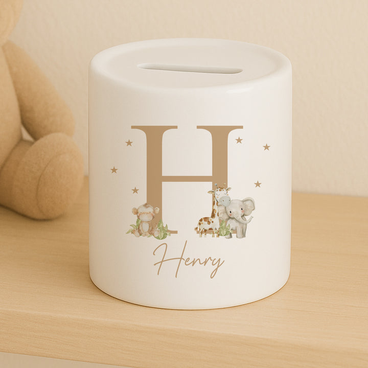 Personalised Beige Jungle Initial Ceramic Money Box
