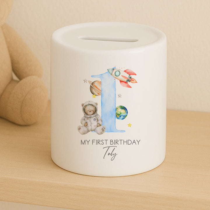 Personalised Blue Spaceman Birthday Money Box