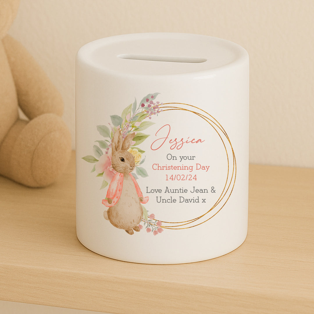 Personalised Pink Rabbit Wreath Christening Day Ceramic Money Box