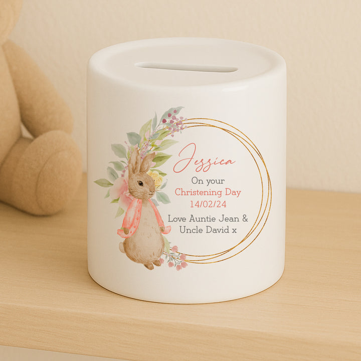 Personalised Pink Rabbit Wreath Christening Day Ceramic Money Box