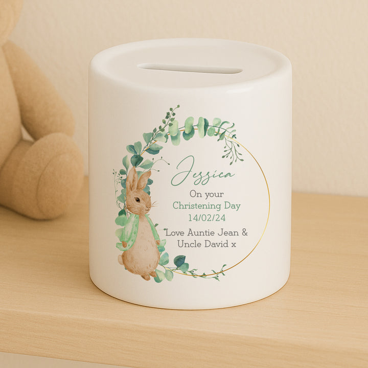 Personalised Green Rabbit Wreath Christening Day Ceramic Money Box
