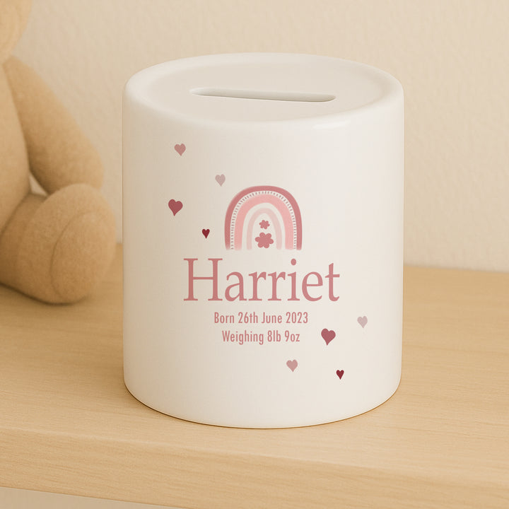 Personalised Pink Rainbow Ceramic Money Box