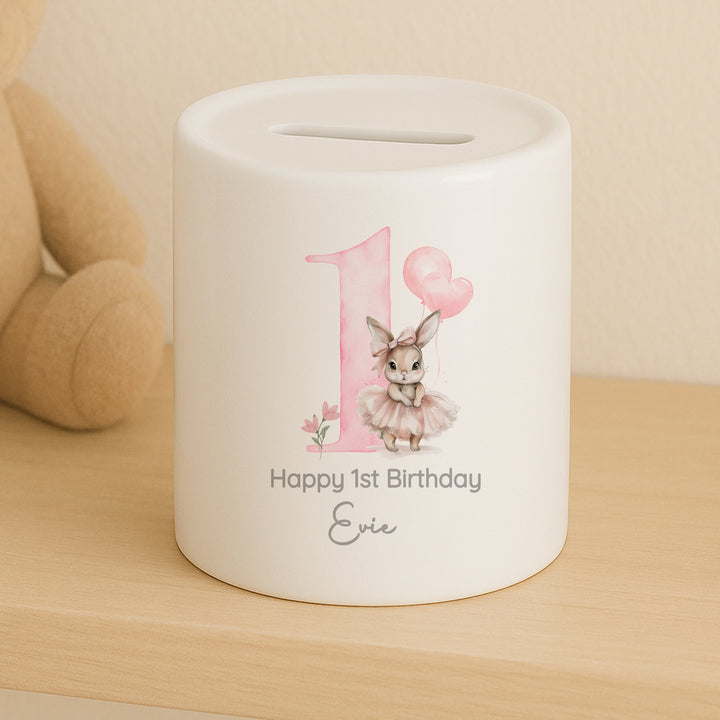 Personalised Pink Ballerina Bunny Birthday Money Box