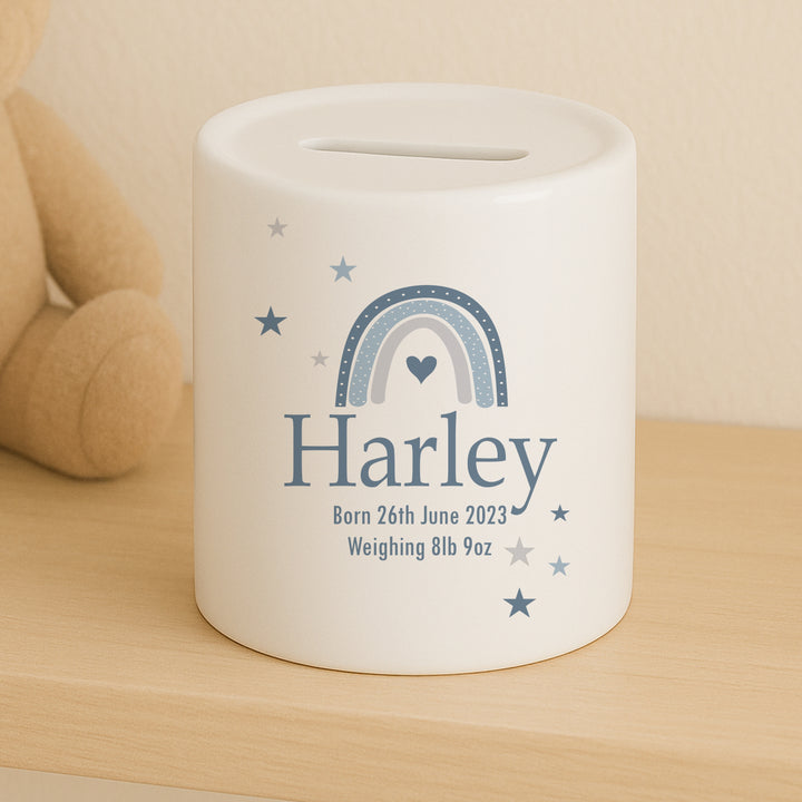 Personalised Blue Rainbow Ceramic Money Box