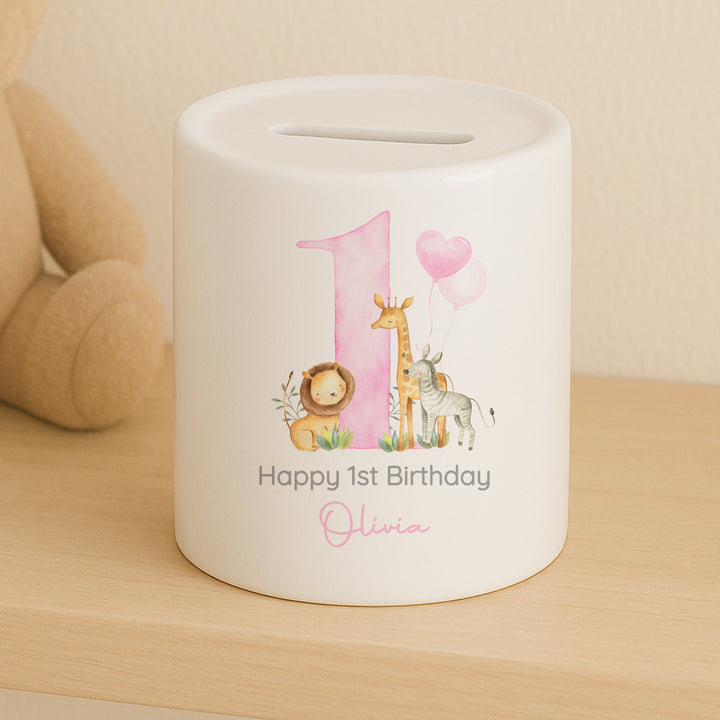 Personalised Pink Safari Birthday Money Box