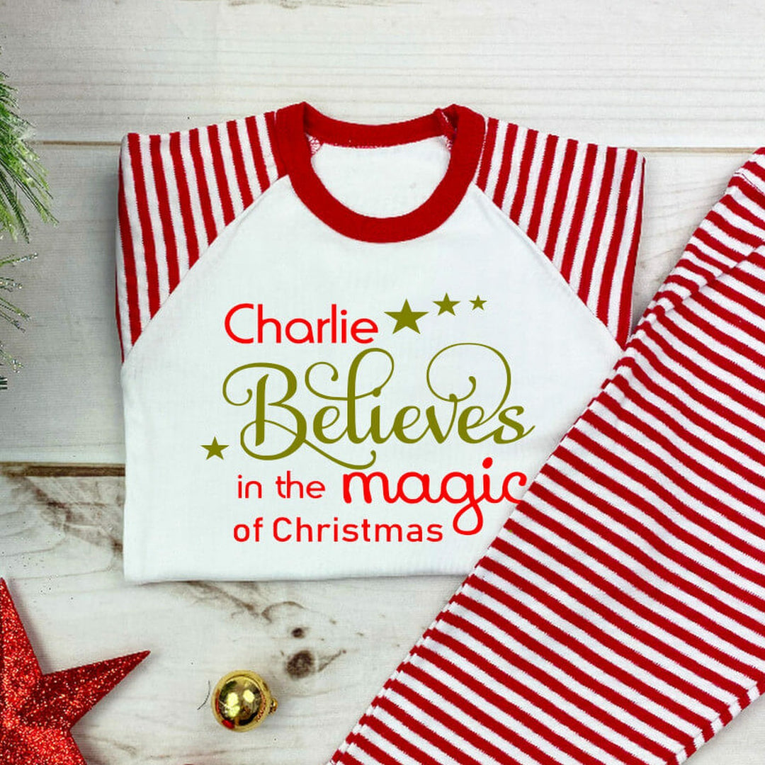 Children's Personalised "Believes in Christmas" Red, White & Gold Pyjama Set