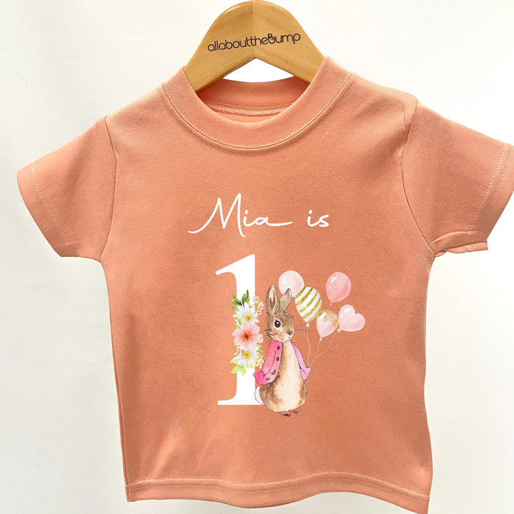 Pink Rabbit Birthday T-shirt | Peach Blue Brown Grey