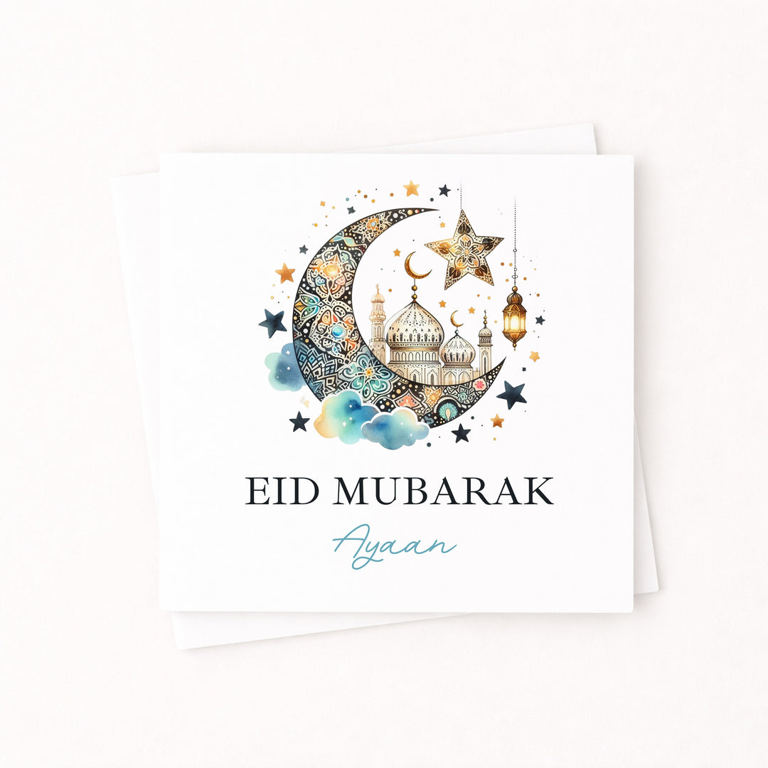 Personalised Navy Gold Moon Eid Mubarak Card