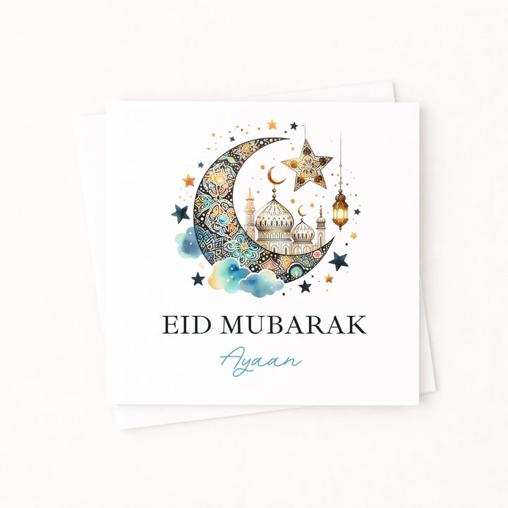 Personalised Navy Gold Moon Eid Mubarak Card