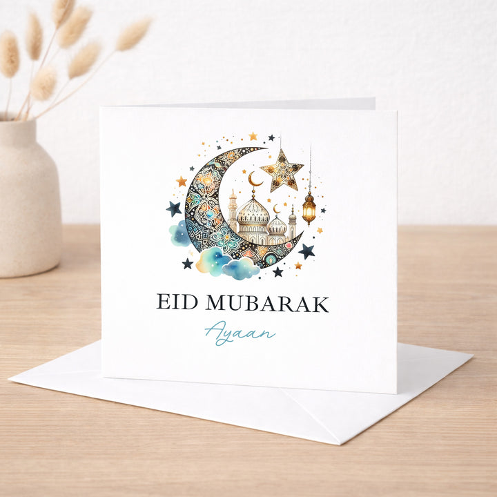 Personalised Navy Gold Moon Eid Mubarak Card