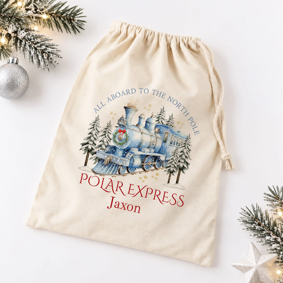 Personalised Blue Festive Train Christmas Canvas Santa Sack