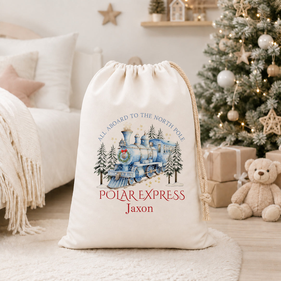 Personalised Blue Festive Train Christmas Canvas Santa Sack