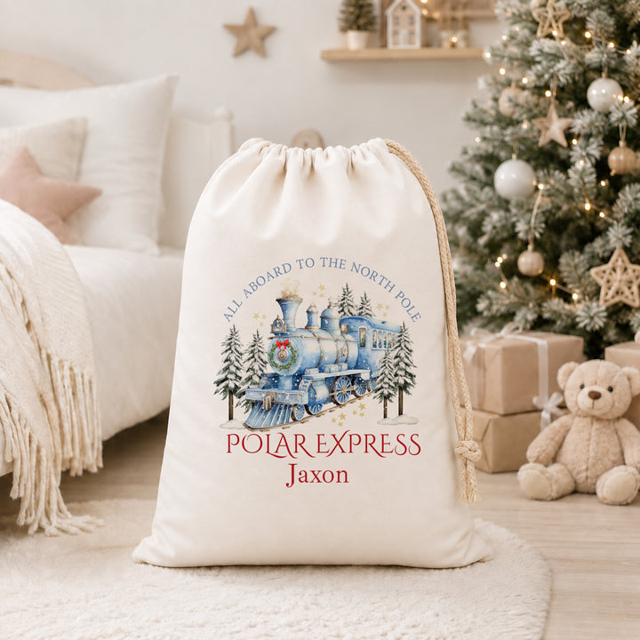 Personalised Blue Festive Train Christmas Canvas Santa Sack