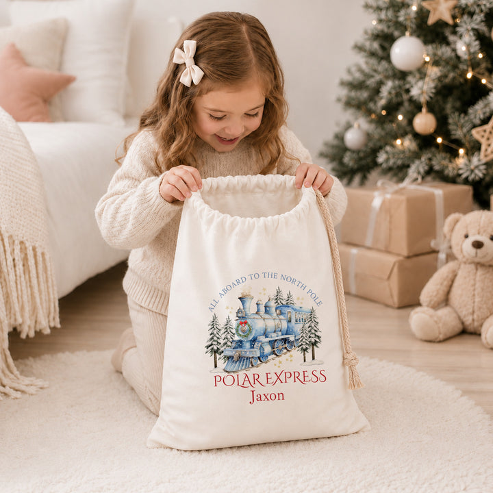 Personalised Blue Festive Train Christmas Canvas Santa Sack