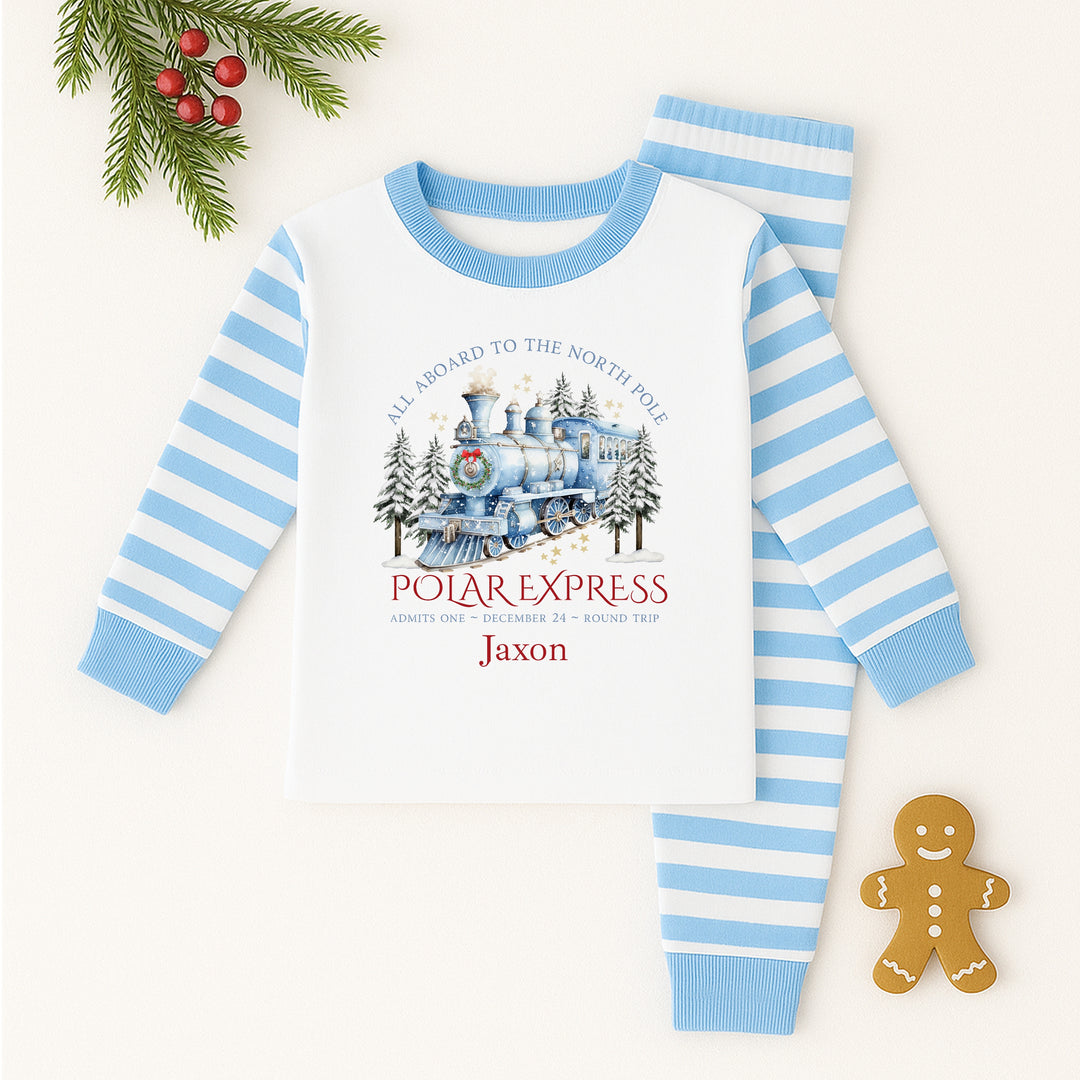 Personalised Blue Festive Train Christmas Pyjamas