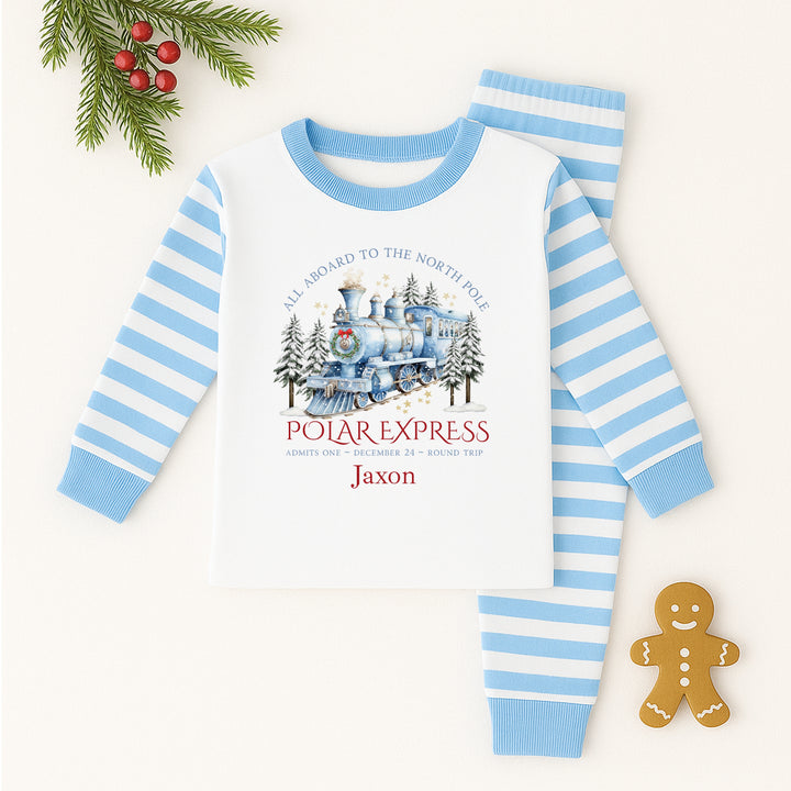 Personalised Blue Festive Train Christmas Pyjamas