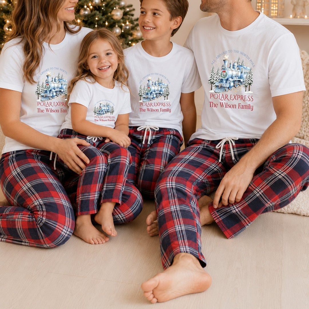 Personalised Blue Festive Train Family Matching Tartan Christmas Pyjamas