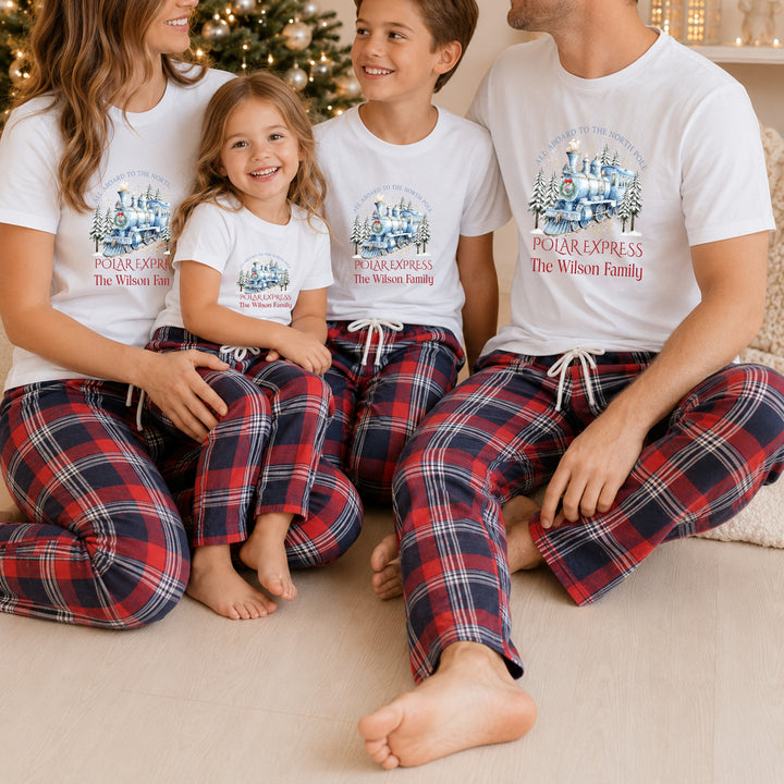 Personalised Blue Festive Train Family Matching Tartan Christmas Pyjamas
