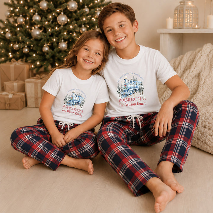 Personalised Blue Festive Train Family Matching Tartan Christmas Pyjamas