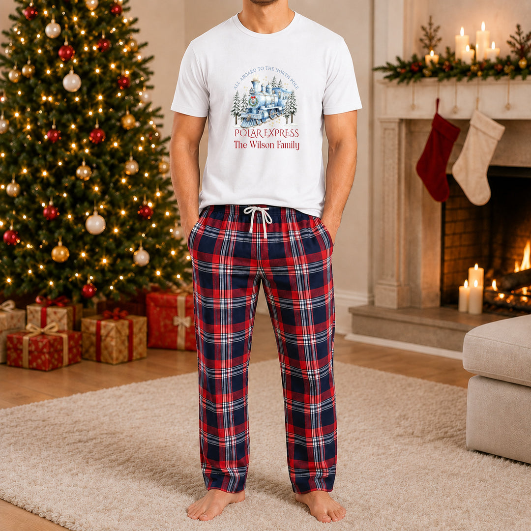 Personalised Blue Festive Train Family Matching Tartan Christmas Pyjamas