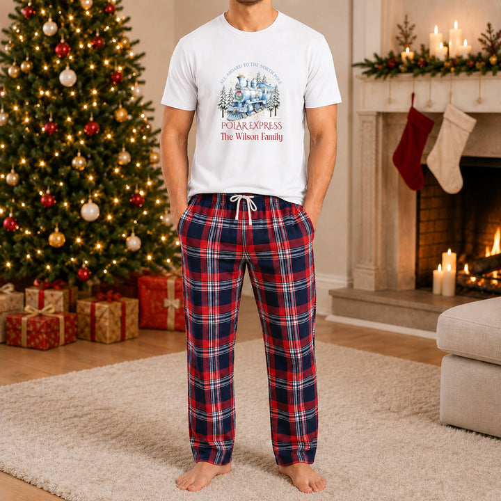 Personalised Blue Festive Train Family Matching Tartan Christmas Pyjamas