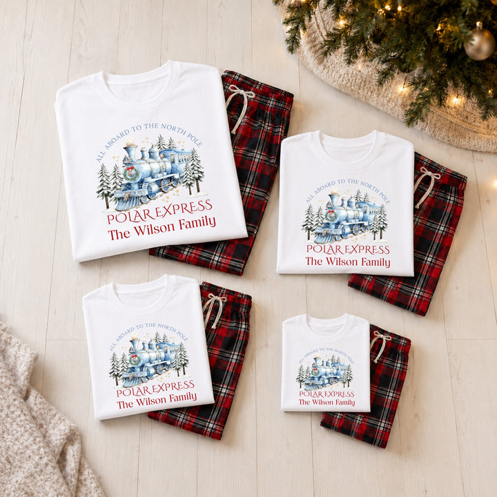 Personalised Blue Festive Train Family Matching Tartan Christmas Pyjamas