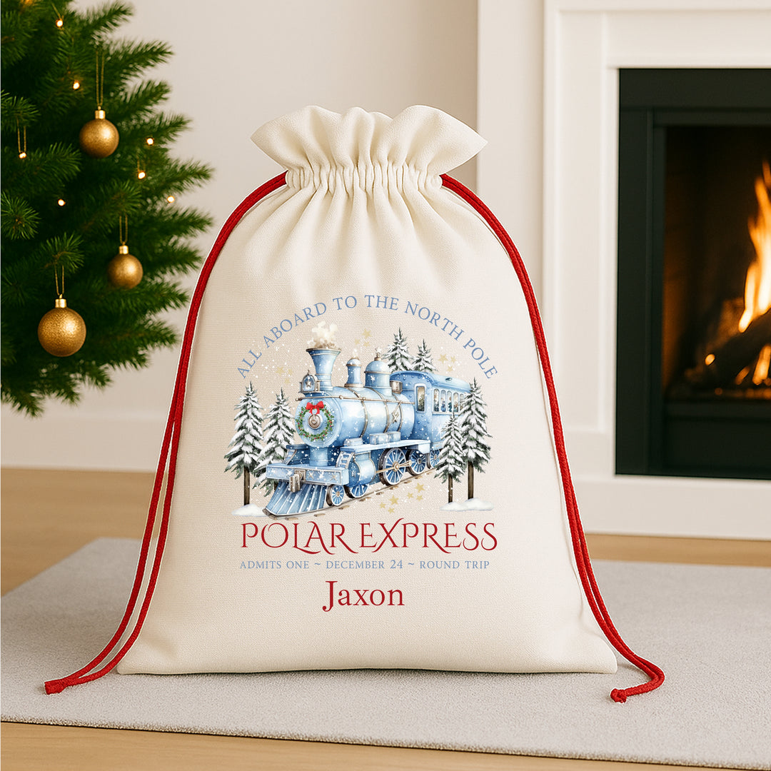 Personalised Blue Festive Train Canvas Santa Sack