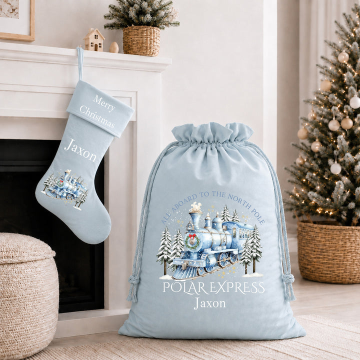 Personalised Blue Winter Train Santa Sackk &amp; Stocking