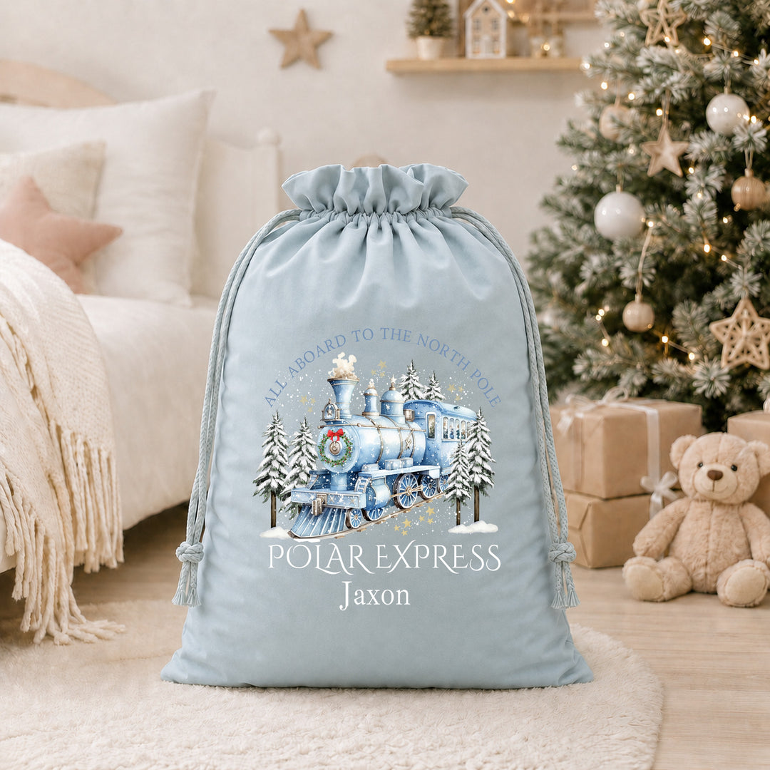 Personalised Blue Winter Train Santa Sackk &amp; Stocking