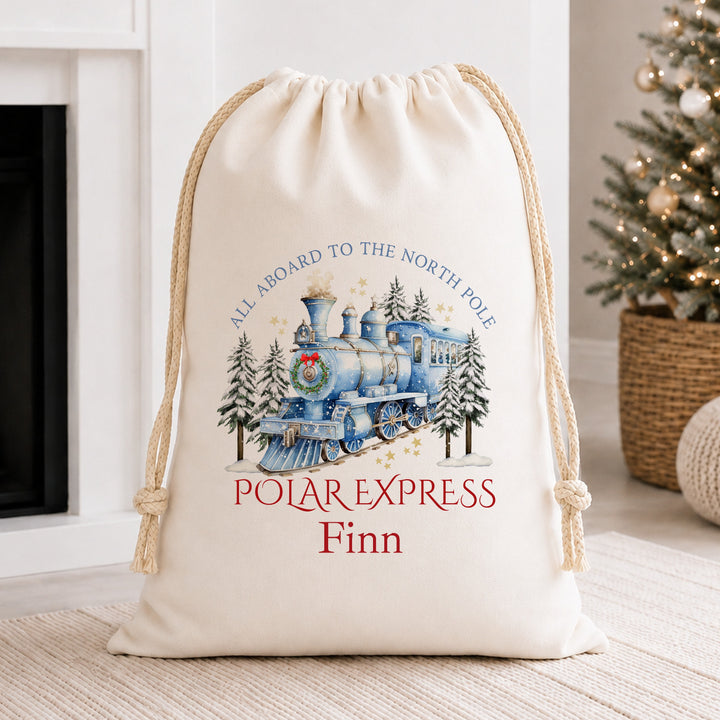 Personalised Blue Festive Train Christmas Canvas Santa Sack