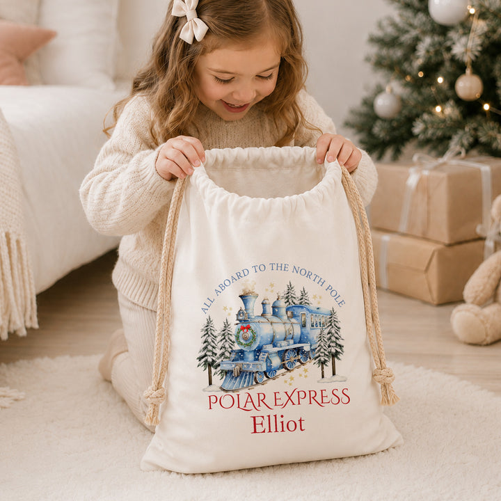 Personalised Blue Festive Train Christmas Canvas Santa Sack