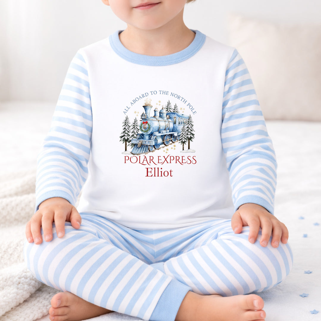 Personalised Blue Festive Train Christmas Pyjamas