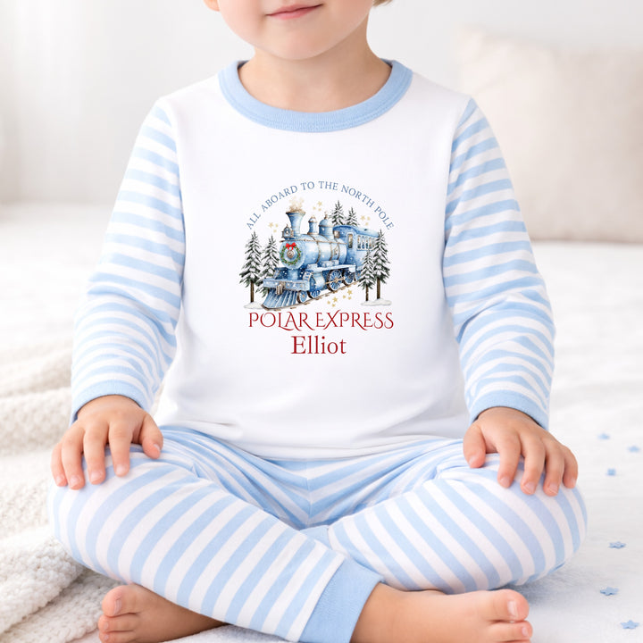 Personalised Blue Festive Train Christmas Pyjamas