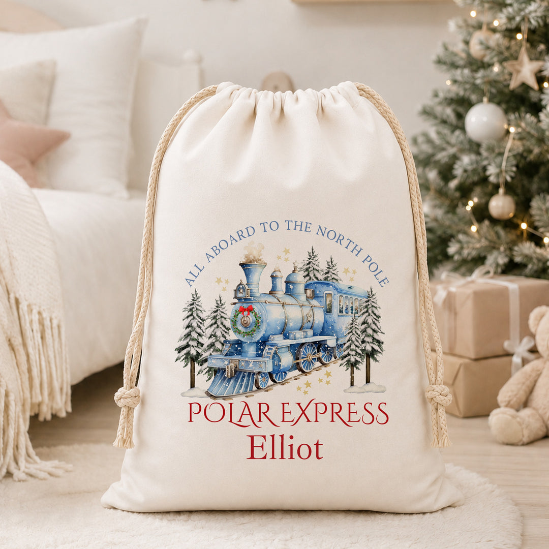 Personalised Blue Festive Train Christmas Canvas Santa Sack
