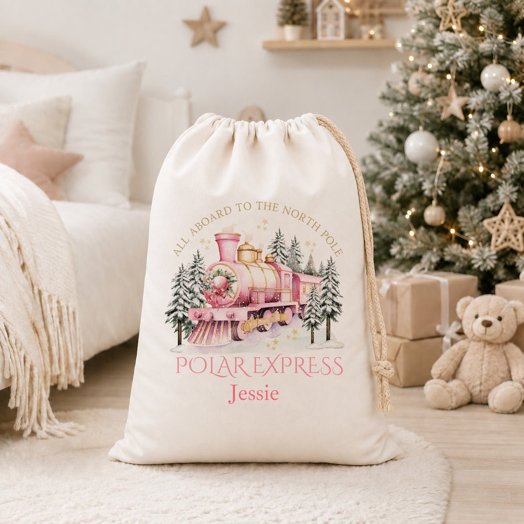 Personalised Pink Festive Train Christmas Canvas Santa Sack