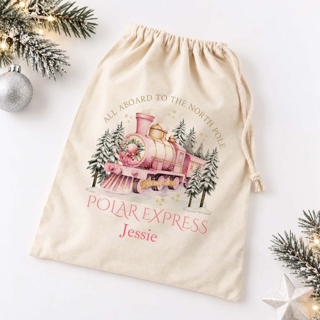 Personalised Pink Festive Train Christmas Canvas Santa Sack